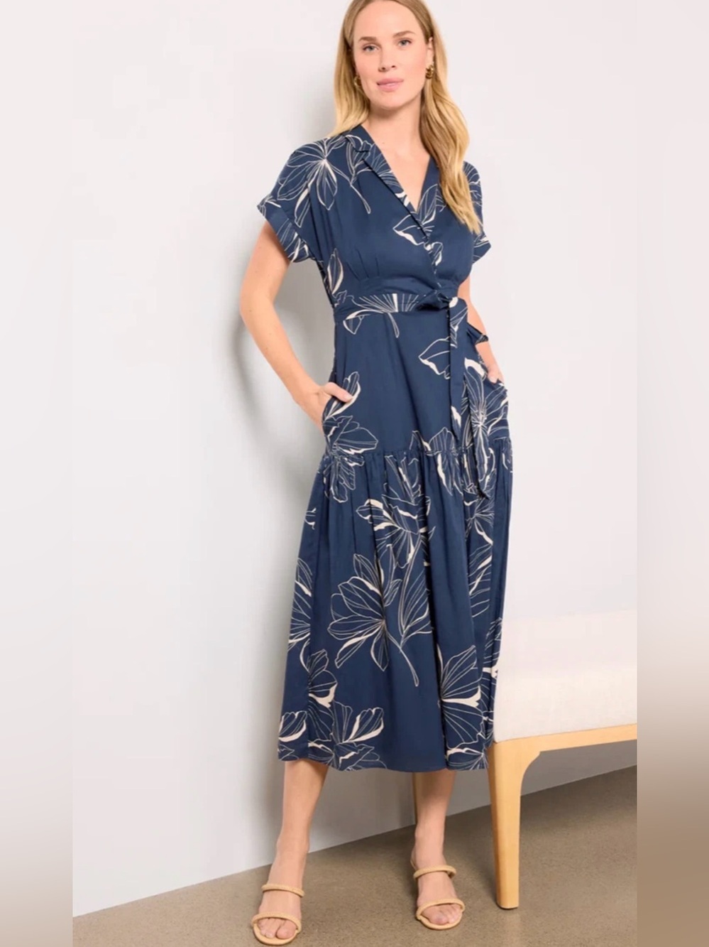 Hutch Rosen Wrap Dress Women Size L Navy Blue Floral Midi Tie Waist NWT - Picture 5 of 9
